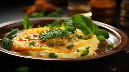  a close up of a plate of food with green garnish and a glass of wine in the background.
