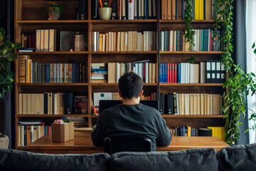 person working on a laptop in a minimalist home office with a bookshel