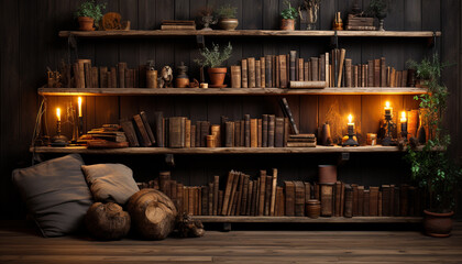 Old fashioned bookshelf illuminates ancient literature in cozy home generated by AI