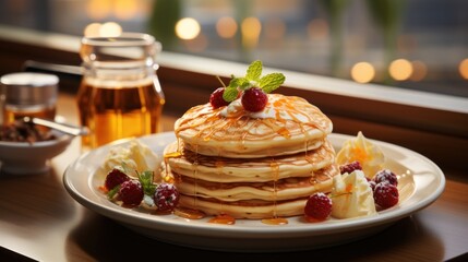  a stack of pancakes sitting on top of a white plate next to a cup of tea and a glass of tea.