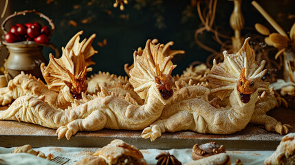 Dragon shaped pastries breathe out cinnamon sugar flames,. Ai Generative