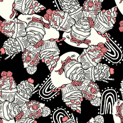 Tasty sweet cupcake dessert decorative seamless pattern for textile design, fabric print, digital or wrapping paper, wallpaper, background and backdrop, bakery shop decoration, cafe, restaurant menu.