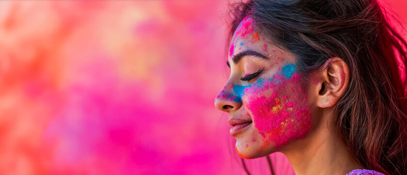 femme Indienne, vue de profil, les yeux ferm&eacute;s, le visage recouvert de pigments color&eacute;s pendant la f&ecirc;te d'Holi en Inde