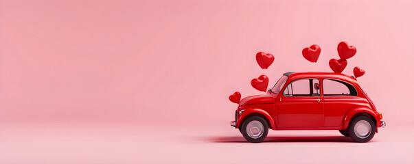 Red toy retro car with hearts on pink background. Present with love for Valentine's, Mother's and Women's day concept. Greeting card, banner, poster, flyer, backdrop with copy space	