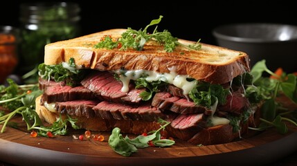  a roast beef sandwich with lettuce and dressing on a cutting board with a bowl of dressing in the background.