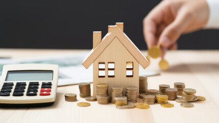 Mortgage concept. Wooden block houses on desk next to coins and calculator and blurred kitchen background  - obrazy, fototapety, plakaty