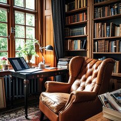 person working on a laptop in a traditional home office with a leather chair