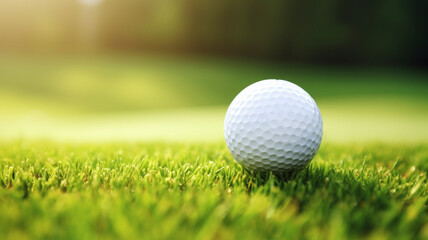Fototapeta premium Sunlight casts long shadows, highlighting a solitary golf ball on the fringe of the green, flare from the setting sun conjure up feelings of contemplation and escape.