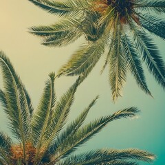 Blue sky and palm trees view from below, vintage style, tropical beach, and summer background