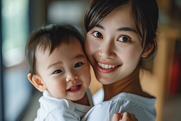 Asian Mother. family and motherhood concept - happy smiling young pretty asian mother with little baby at home interior.