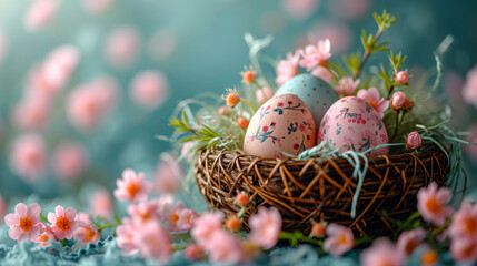 Easter basket filled with ornate eggs amongst spring daisies