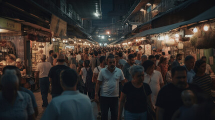 market of an Asian country at night full of people. main Street. tourists. created with ai. - obrazy, fototapety, plakaty