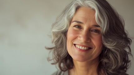 Naklejka premium A beautiful elderly woman with gray hair, smiling warmly, on a soft light background. Graceful aging, dignified and joyful expression