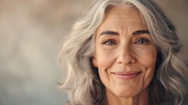 A beautiful elderly woman with gray hair, smiling warmly, on a soft light background. Graceful aging, dignified and joyful expression