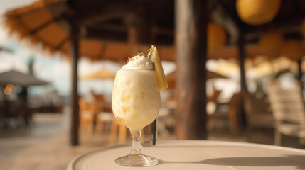 a drink with piña colada at the beach restaurant. Tourism. Created with AI. - obrazy, fototapety, plakaty