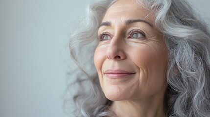 Close-up of a radiant elderly woman with elegant gray hair, smiling gently against a light pastel background. Focus on her expressive eyes and joyful demeanor