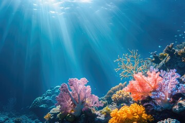 Fototapeta na wymiar corals in blue sea with copy space