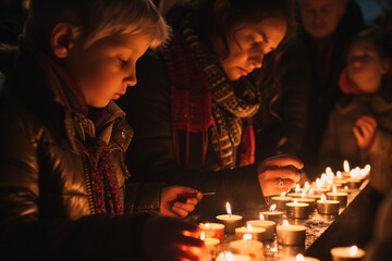 Families lighting candles in memory of loved ones, capturing the unity in care and love, faith and tradition, courage