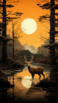 Japanese Ukiyo-e scroll of a mountain stream with a buck deer standing in reflective water surrounded by forest in fall color as the sun sets in the distance
