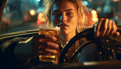 young woman drinking alcohol while driving in his car - obrazy, fototapety, plakaty