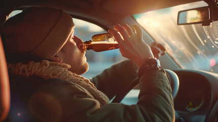 Man drinking alcohol while driving in his car - obrazy, fototapety, plakaty