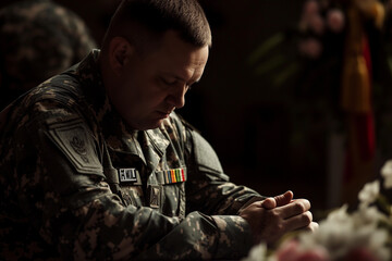 Fototapeta premium A military chaplain offering a prayer at a memorial service, providing comfort and care and love, faith and tradition, courage
