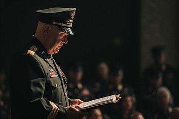 A military chaplain offering a prayer at a memorial service, providing comfort and care and love, faith and tradition, courage