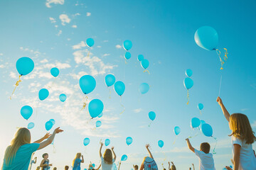 Families releasing balloons in memory of loved ones, symbolizing a sense of release and care and love, faith and tradition, courage