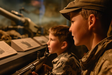 A family visiting a military museum, instilling a sense of history and care and love, faith and tradition, courage