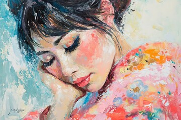 Beautifully contemplative japaneses girl wearing kimono oil painting generative ai