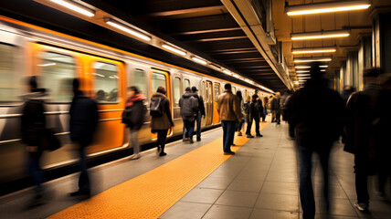 Rush Hour Rhythm: Commuters in motion, a dance of city life, as the golden train illuminates their journey home
