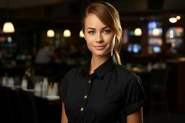 Portrait of beautiful young woman in black shirt at the bar.