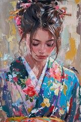 Beautifully contemplative japaneses girl wearing kimono oil painting generative ai