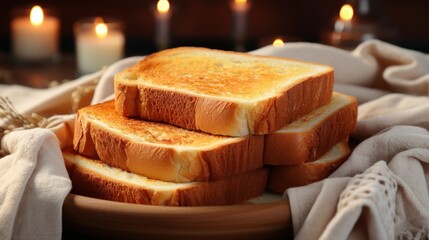  a pile of toasted bread sitting on top of a wooden plate next to a white cloth and some candles.