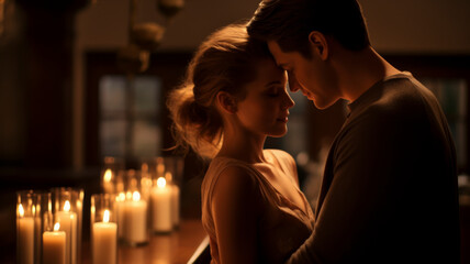 A couple shares an intimate moment amidst a sea of candles, their silhouettes painting a picture of love and connection