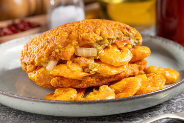 Acaraje. Traditional Brazilian food, made with vatapá, caruru and dried shrimp.