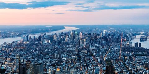 Panoramic aerial of Midtown Manhattan at sunset, New York city, USA