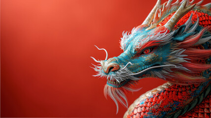 cabeza de dragón chino en tonos azules y rojos sobre fondo rojo - obrazy, fototapety, plakaty