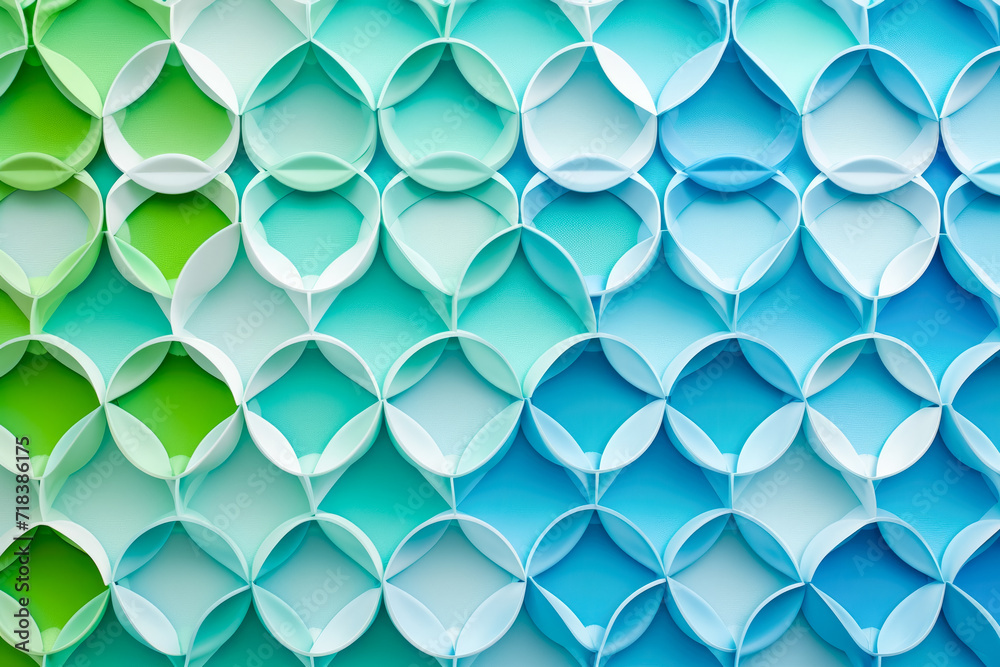 Poster create a pattern of interlocking circles with a gradient of blue and green colors