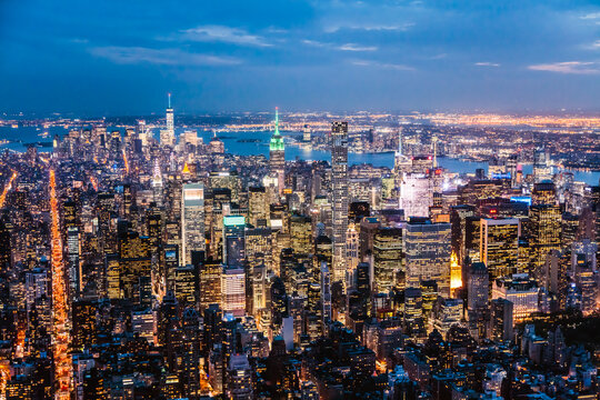 Aerial view of Midtown Manhattan with Empire state building at night, New York city, USA