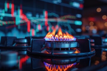 Natural gas stove burning. Cost growth stock charts background concept - obrazy, fototapety, plakaty