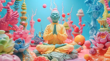 Fototapeta na wymiar meditation underwater, futuristic style, Buda in yoga pose in water world, creative abstraction