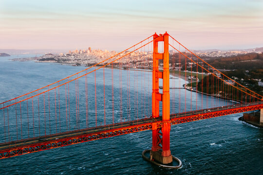 Aerial of Golden gate bridge and city,  San Francisco, USA