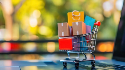 Paper shopping bags in a shopping cart on a laptop keyboard.Easy shopping with finger tips for consumers.Online shopping and delivery service concept.