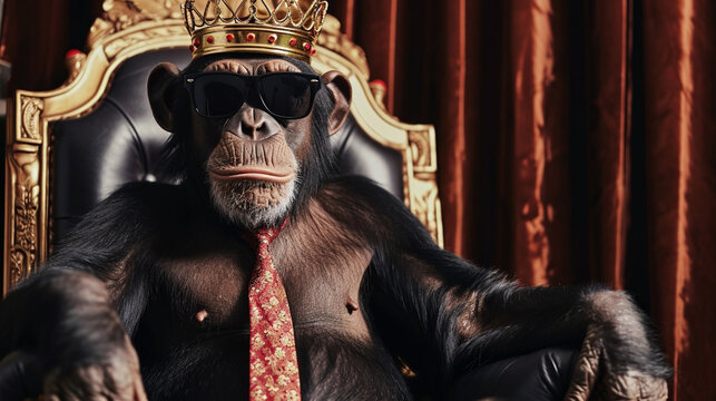 Funny monkey crown. Chimpanzee wearing tie with crown and sunglasses sitting throne. AI Generative