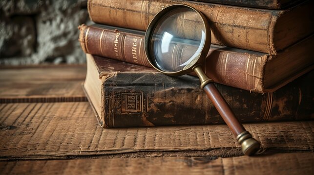 Old books and antique magnifying glass on a wooden background. An ancient book and magnifying glass as a symbol of history, education.  