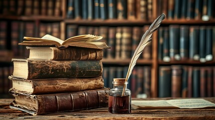 Old books ,quill pen and vintage inkwell on wooden desk in old library. Ancient books historical background. Retro style. Conceptual background on history, education, literature topics.   - obrazy, fototapety, plakaty