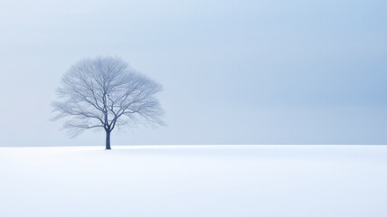 Solitary tree in a vast, snow-covered landscape during the early morning, conveying a tranquil and contemplative emotion, blue-grey tone for a modern, minimalist look