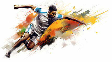 A dynamic brushstroke captures a soccer player mid-kick, blending athleticism and art; the vibrant colors express energy and motion