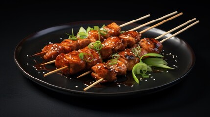 Fototapeta premium a black plate topped with meat covered in sauce and garnished with green leafy garnishes.